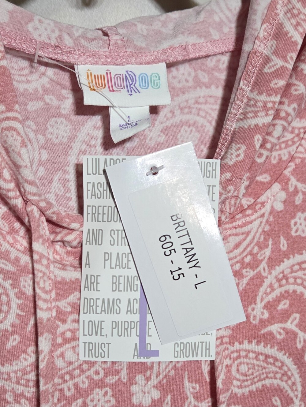 LuLaRoe Pink Paisley Print Sleeveless "Brittany" Hooded Tank Top Size Large NWT - Picture 3 of 13